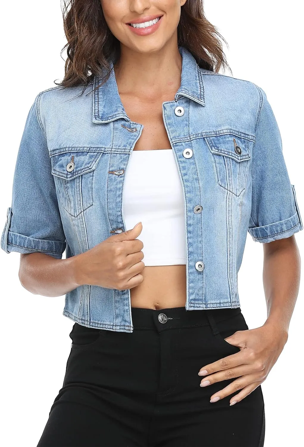 MISS MOLY Women's Cropped Denim Jackets Summer Short Sleeve Classic Casual Jean Jackets