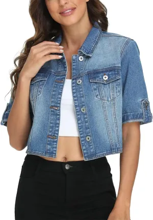 MISS MOLY Women's Cropped Denim Jackets Summer Short Sleeve Classic Casual Jean Jackets