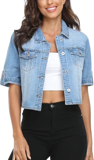 MISS MOLY Women's Cropped Denim Jackets Summer Short Sleeve Classic Casual Jean Jackets