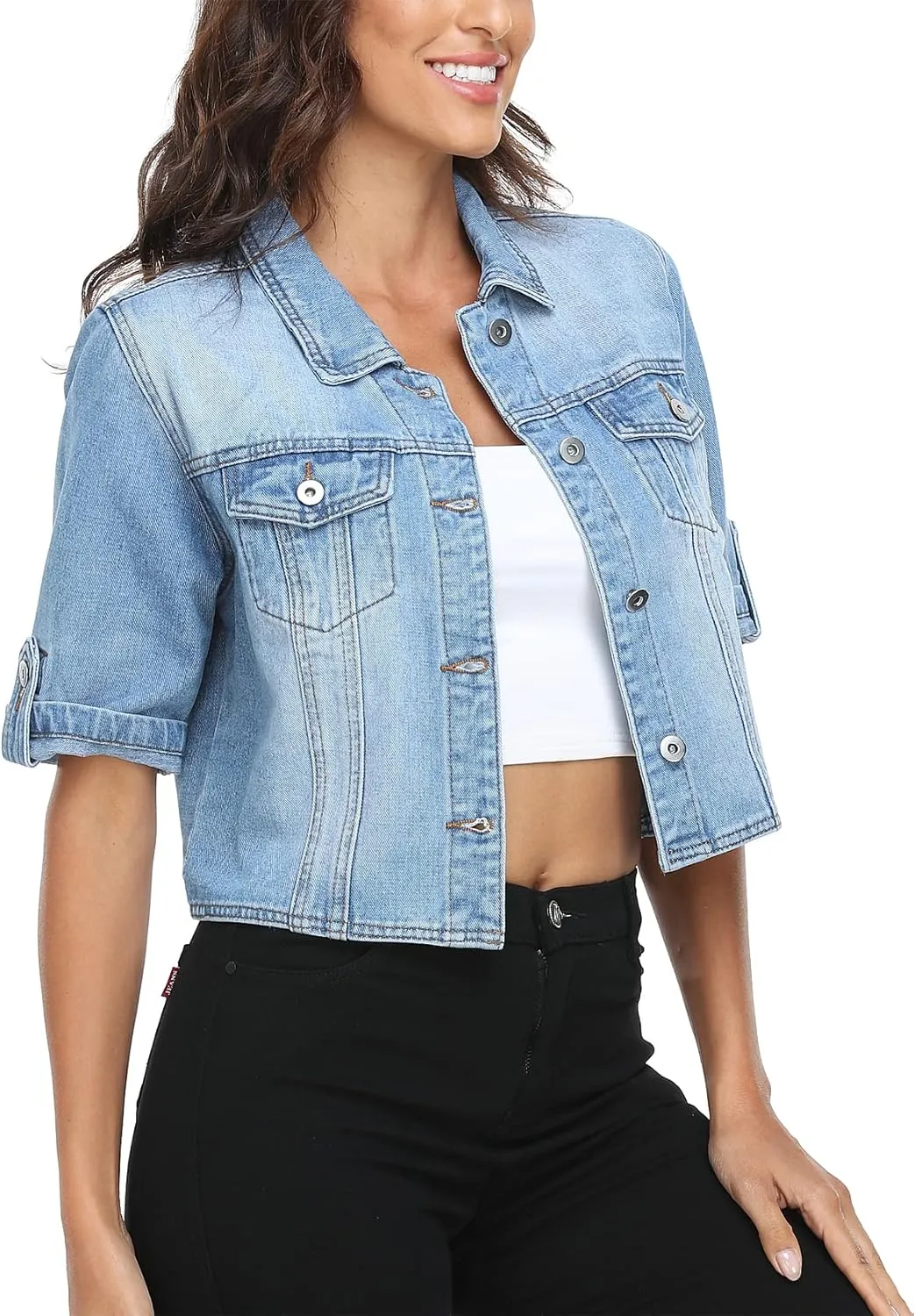 MISS MOLY Women's Cropped Denim Jackets Summer Short Sleeve Classic Casual Jean Jackets
