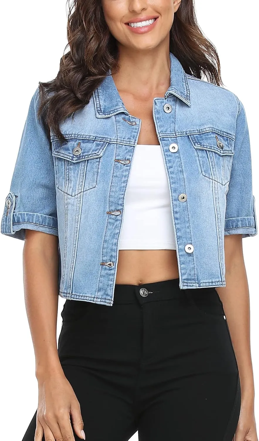 MISS MOLY Women's Cropped Denim Jackets Summer Short Sleeve Classic Casual Jean Jackets
