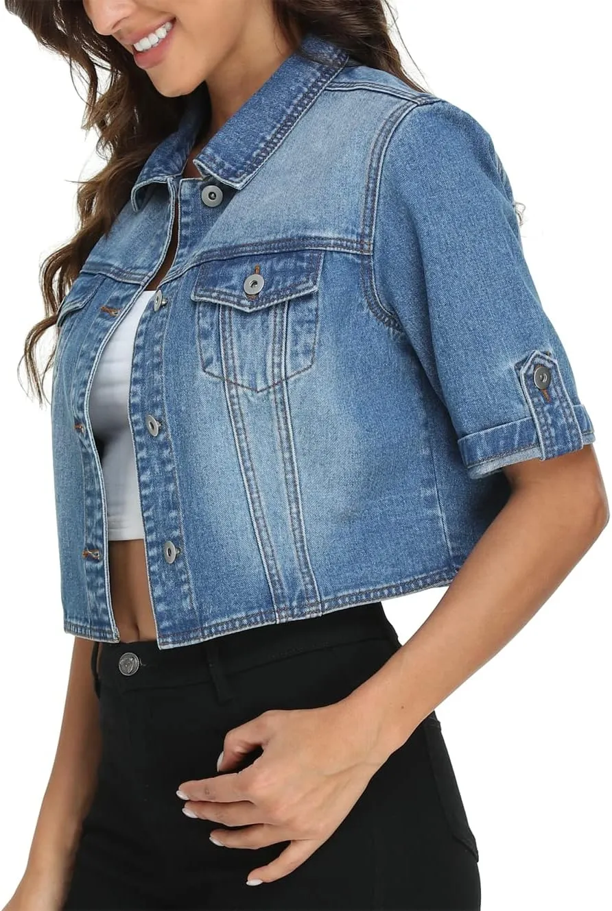 MISS MOLY Women's Cropped Denim Jackets Summer Short Sleeve Classic Casual Jean Jackets