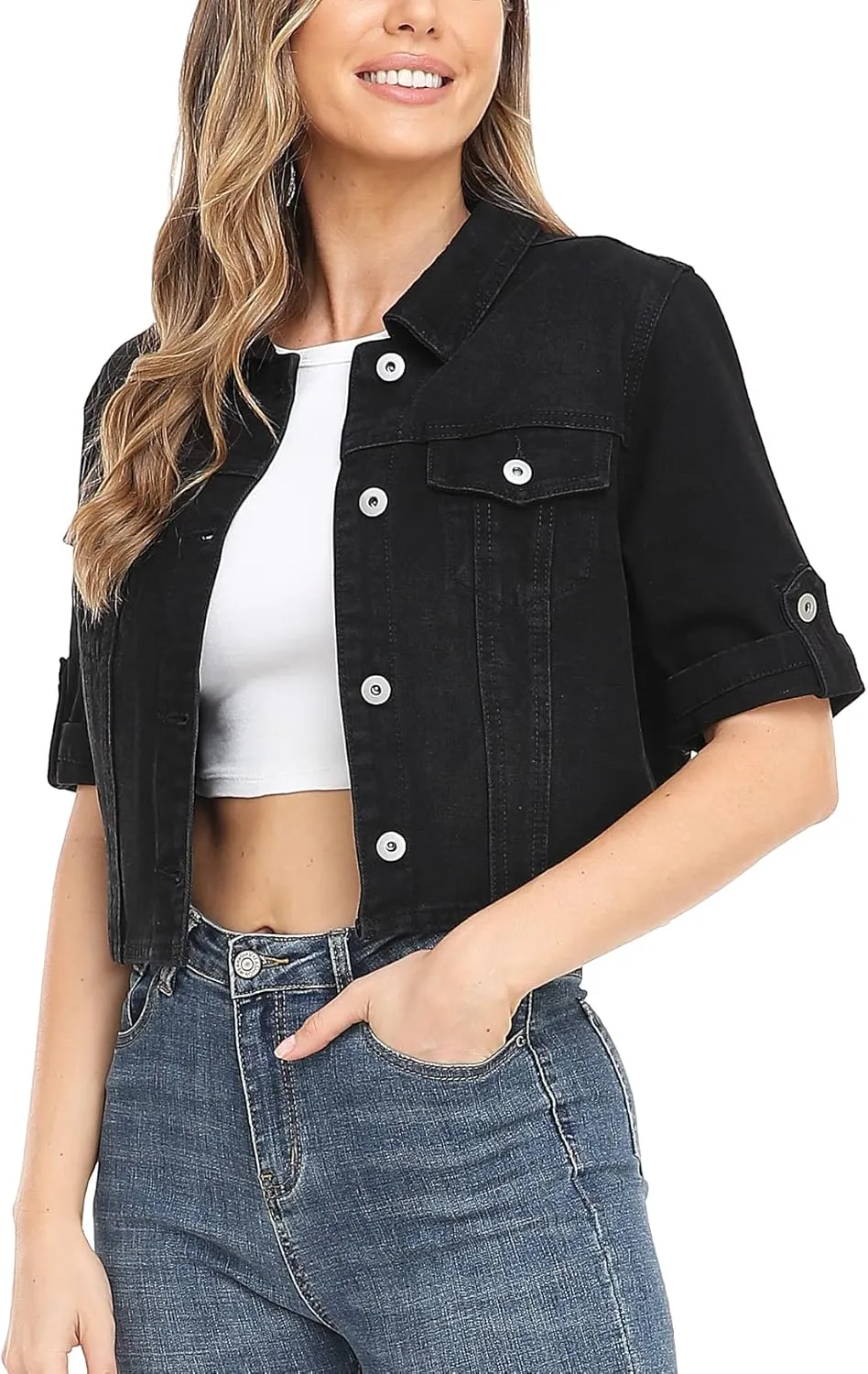 MISS MOLY Women's Cropped Denim Jackets Summer Short Sleeve Classic Casual Jean Jackets
