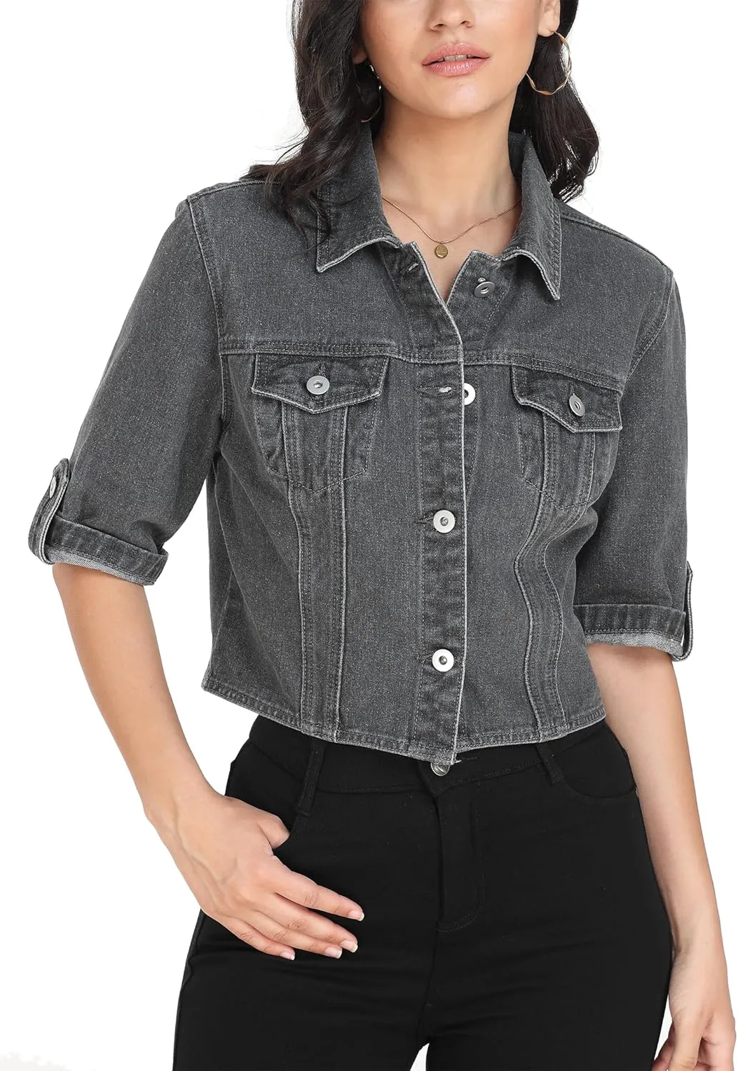 MISS MOLY Women's Cropped Denim Jackets Summer Short Sleeve Classic Casual Jean Jackets