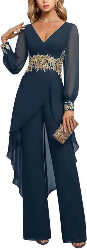 Mother of The Bride Pant Suits 2 Pieces Chiffon Pant Suits for Women Dressy Wedding
