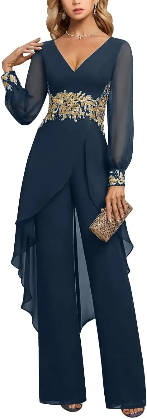 Mother of The Bride Pant Suits 2 Pieces Chiffon Pant Suits for Women Dressy Wedding
