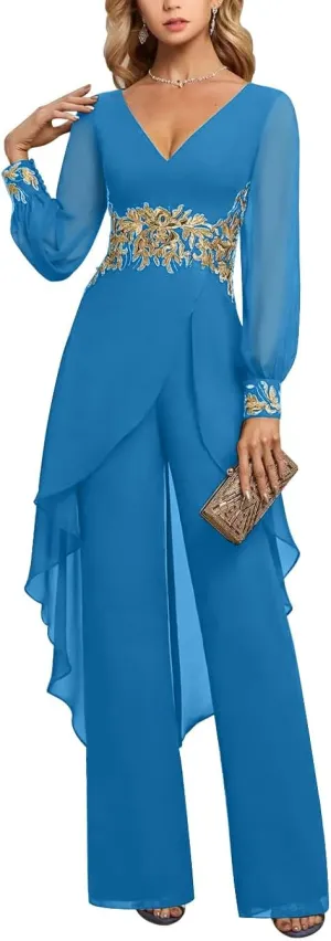 Mother of The Bride Pant Suits 2 Pieces Chiffon Pant Suits for Women Dressy Wedding