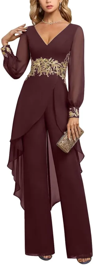 Mother of The Bride Pant Suits 2 Pieces Chiffon Pant Suits for Women Dressy Wedding