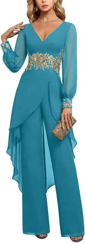Mother of The Bride Pant Suits 2 Pieces Chiffon Pant Suits for Women Dressy Wedding