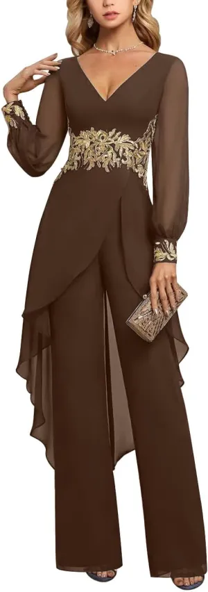 Mother of The Bride Pant Suits 2 Pieces Chiffon Pant Suits for Women Dressy Wedding