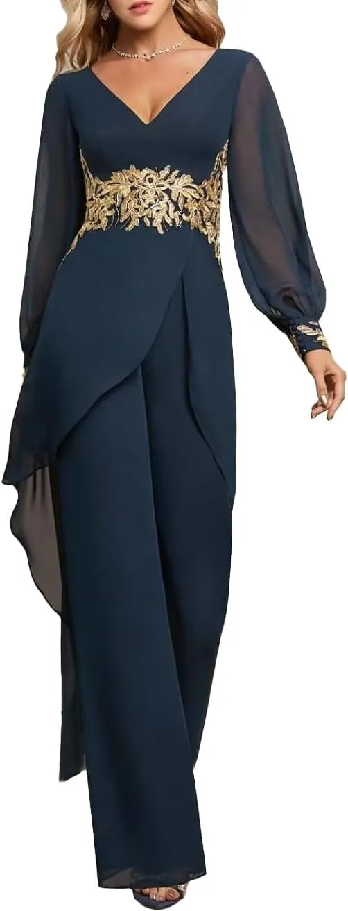 Mother of The Bride Pant Suits 2 Pieces Chiffon Pant Suits for Women Dressy Wedding