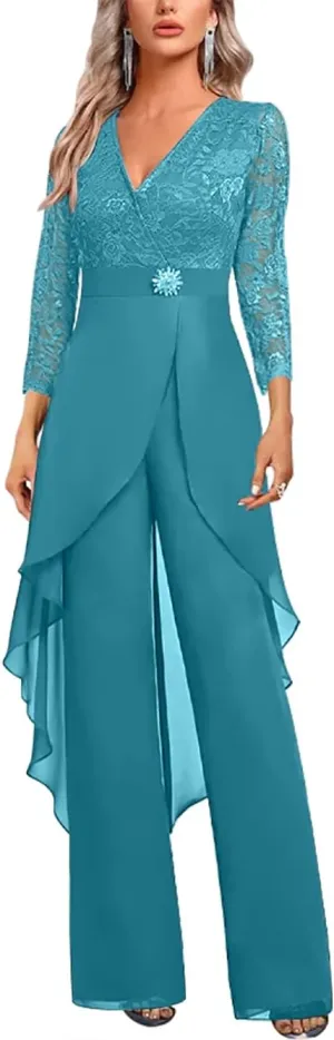 Mother of The Bride Pant Suits for Wedding Lace Chiffon Pant Suits for Women Dressy