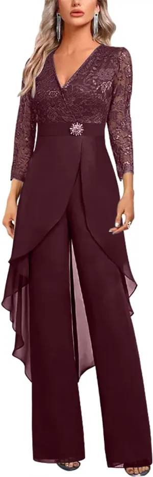 Mother of The Bride Pant Suits for Wedding Lace Chiffon Pant Suits for Women Dressy