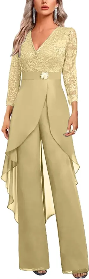 Mother of The Bride Pant Suits for Wedding Lace Chiffon Pant Suits for Women Dressy