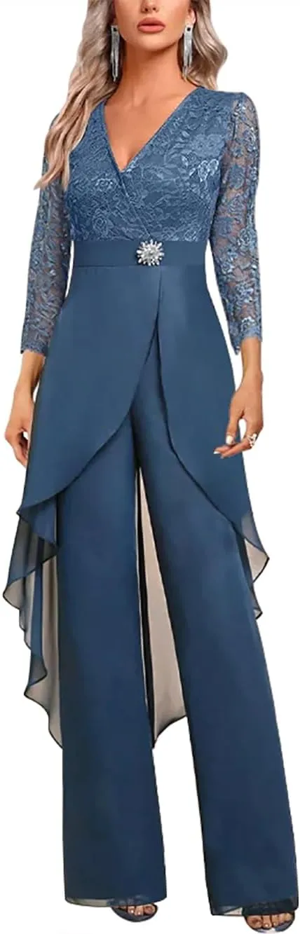 Mother of The Bride Pant Suits for Wedding Lace Chiffon Pant Suits for Women Dressy