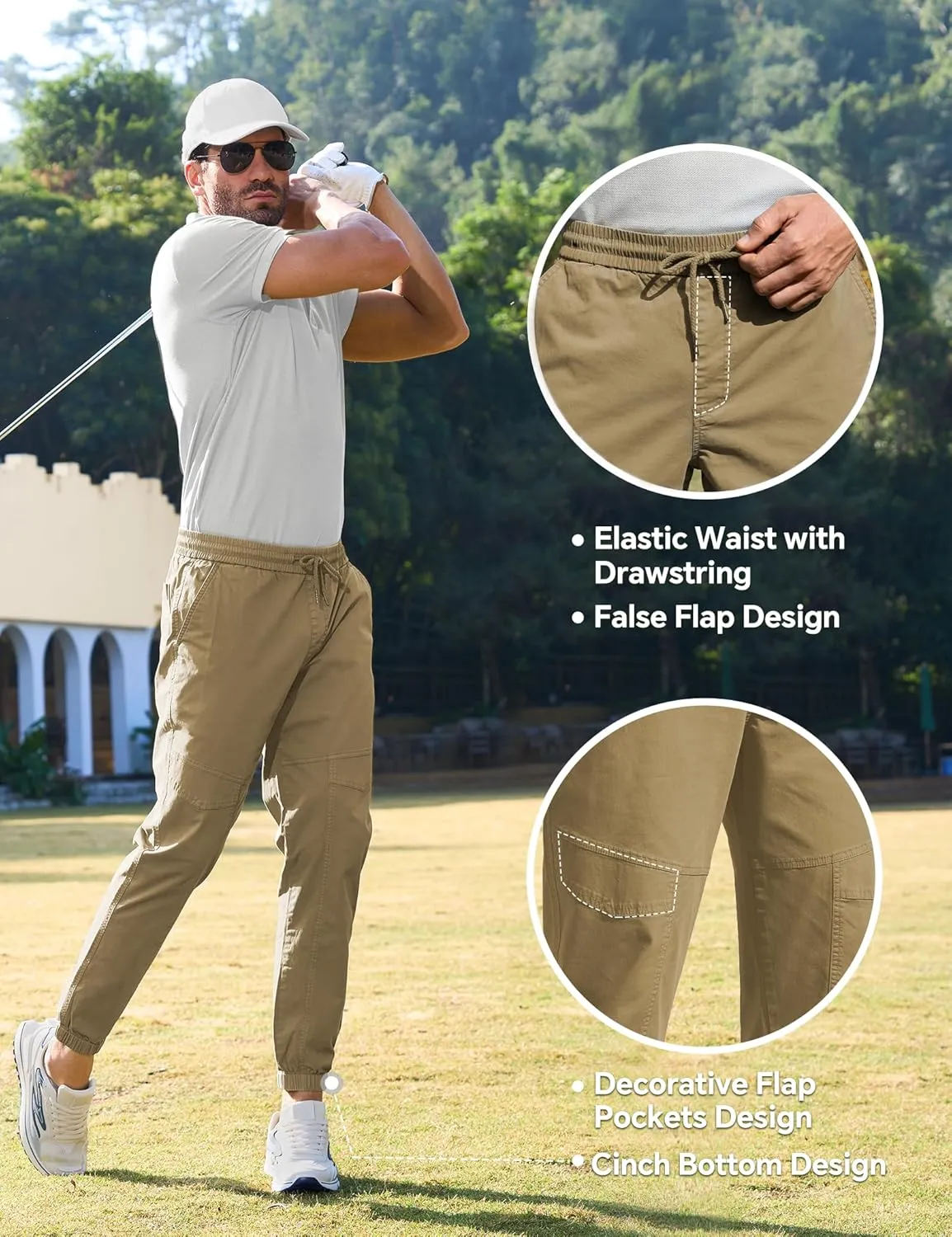 MOURCE Men's Cotton Casual Pants - Slim Fit Joggers for Men with Drawstring & 4 Pockets, Breathable Track Pants Tapered
