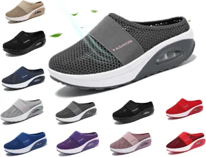 Mules for Women 2025 Backless Walking Sneakers Summer Slip-On Mule Shoes Mesh Air Cushion Orthopedic Diabetic Shoes with Arch-Support Open Back Breathable Slippers Closed Toe Slides