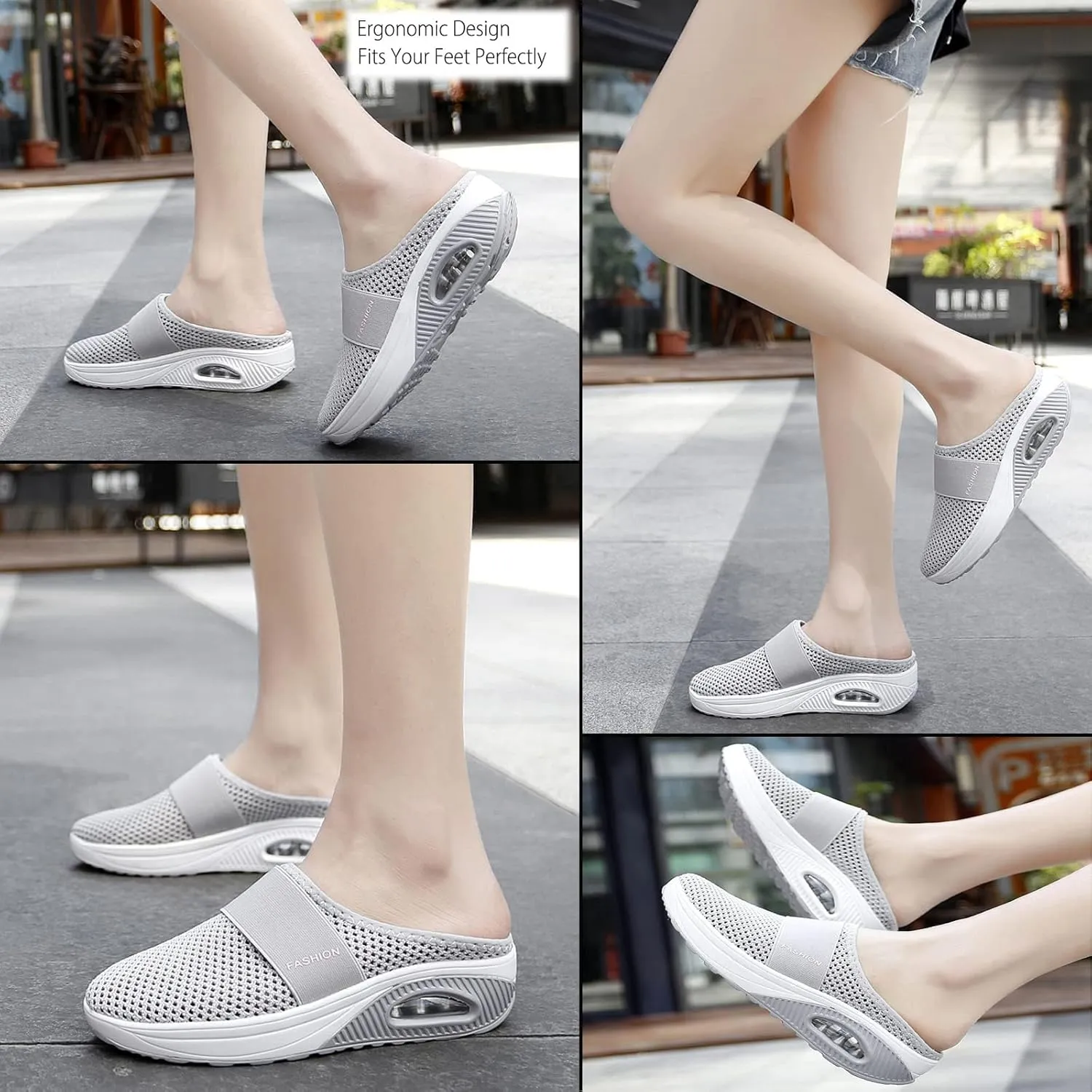 Mules for Women Backless Summer Slip-On Slides Air Cushion Orthopedic Shoes Arch-Support Diabetic Slippers Open Back Mesh Breathable Sandals