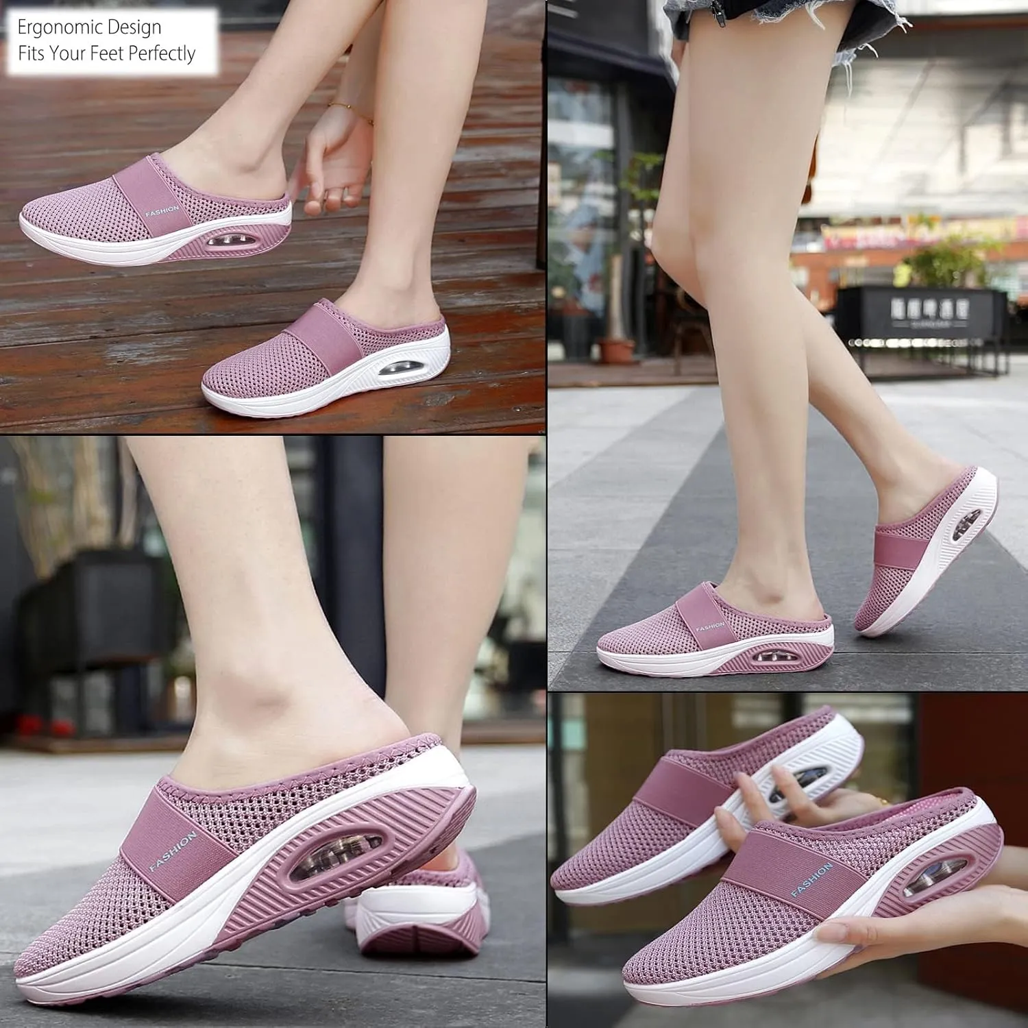 Mules for Women Backless Summer Slip-On Slides Air Cushion Orthopedic Shoes Arch-Support Diabetic Slippers Open Back Mesh Breathable Sandals