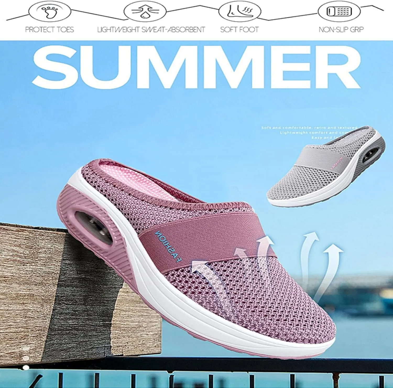 Mules for Women Backless Summer Slip-On Slides Air Cushion Orthopedic Shoes Arch-Support Diabetic Slippers Open Back Mesh Breathable Sandals
