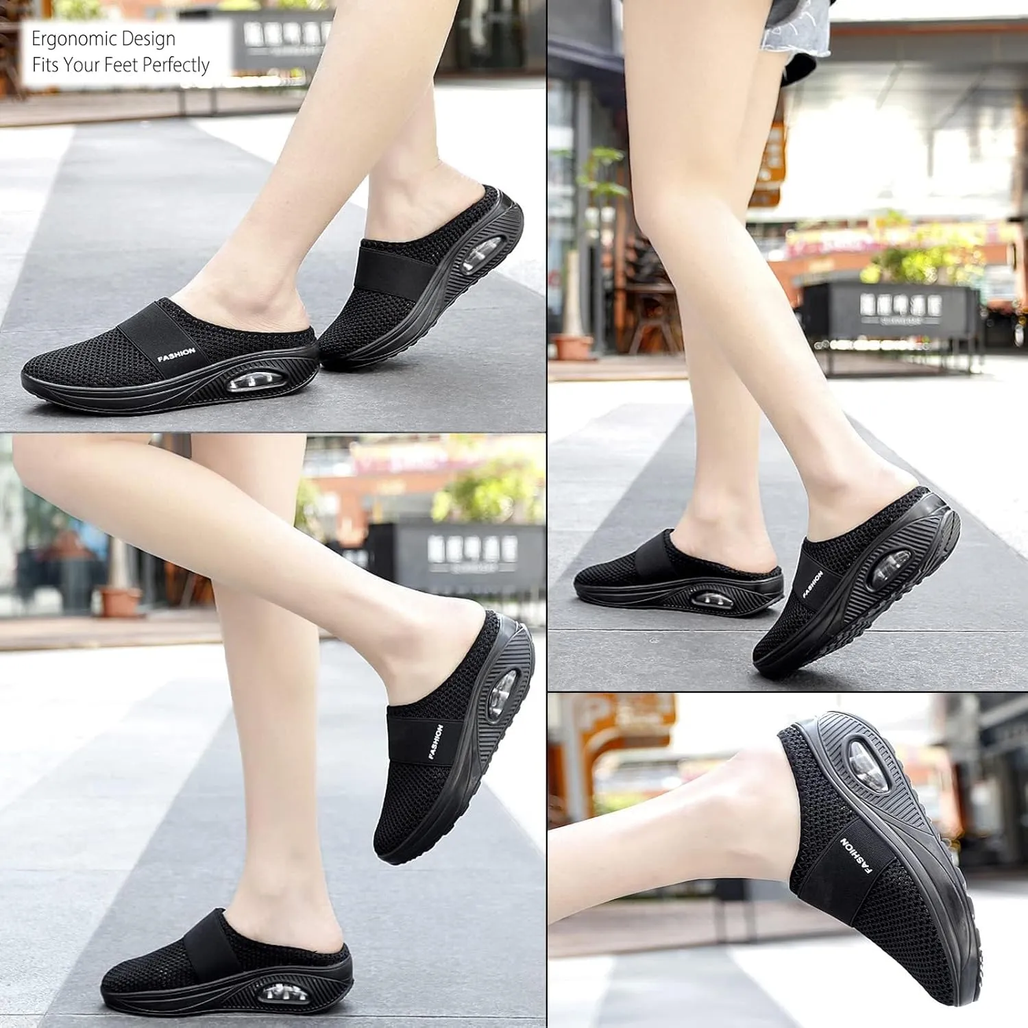 Mules for Women Backless Summer Slip-On Slides Air Cushion Orthopedic Shoes Arch-Support Diabetic Slippers Open Back Mesh Breathable Sandals