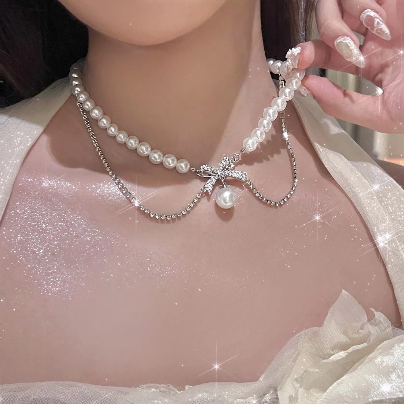 Pearl Necklaces for Women White Pearl Choker Necklaces Stackable Necklaces 14K Plated Silver Layered Gold Necklaces for Women Wedding Trendy Jewelry