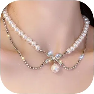 Pearl Necklaces for Women White Pearl Choker Necklaces Stackable Necklaces 14K Plated Silver Layered Gold Necklaces for Women Wedding Trendy Jewelry