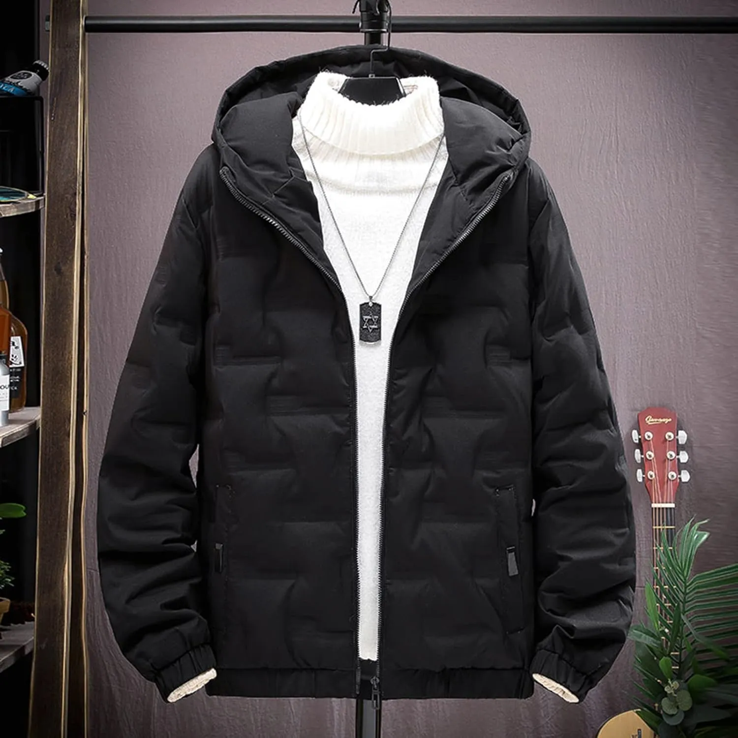 peqiut Winter Jacket For Men Zipper Cotton Padded Warm Fall Winter Hooded Coats Fashion Solid Color Jacket Comfort
