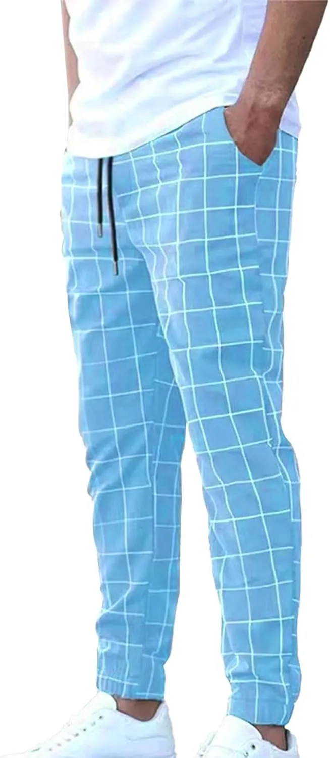 Plaid Dress Pants for Men Linen Casual Pants Lightweight Drawstring Beach Trousers Elastic Waist Cropped Pants