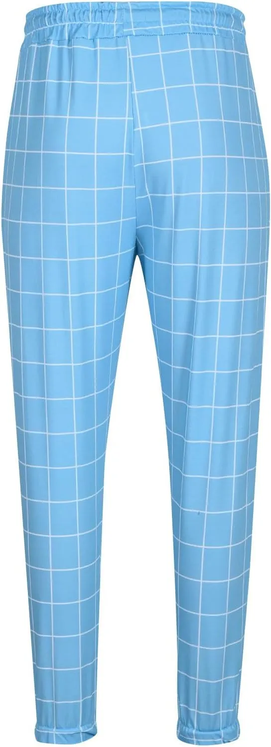 Plaid Dress Pants for Men Linen Casual Pants Lightweight Drawstring Beach Trousers Elastic Waist Cropped Pants
