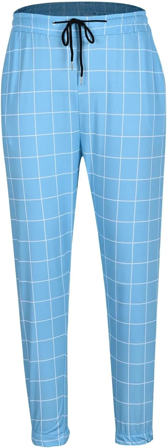 Plaid Dress Pants for Men Linen Casual Pants Lightweight Drawstring Beach Trousers Elastic Waist Cropped Pants