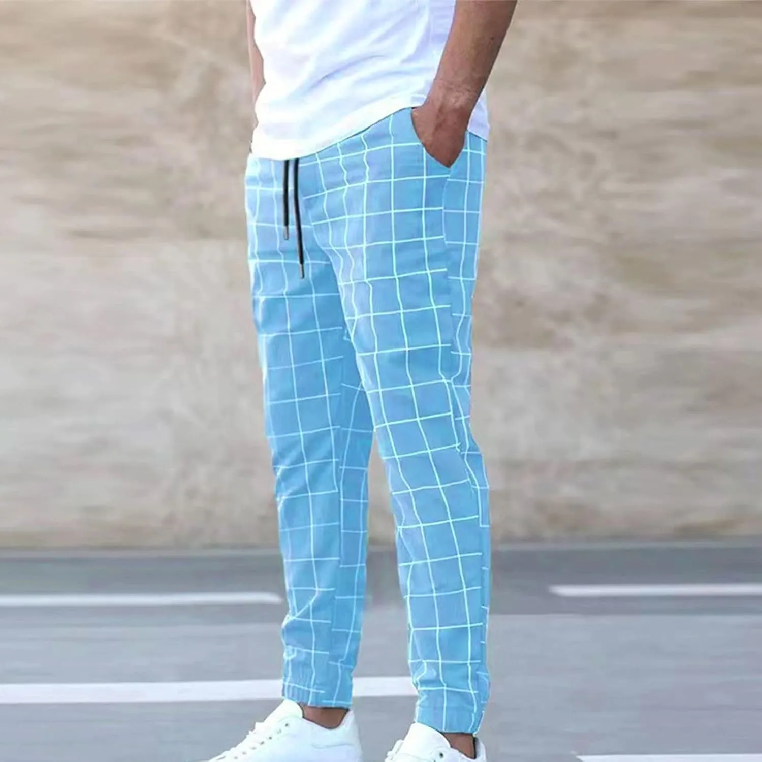 Plaid Dress Pants for Men Linen Casual Pants Lightweight Drawstring Beach Trousers Elastic Waist Cropped Pants