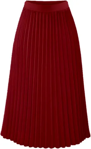 Pleated Midi Skirts for Women Casual High Elastic Waisted Solid Color Swing A-Line Elegant Work Skirt
