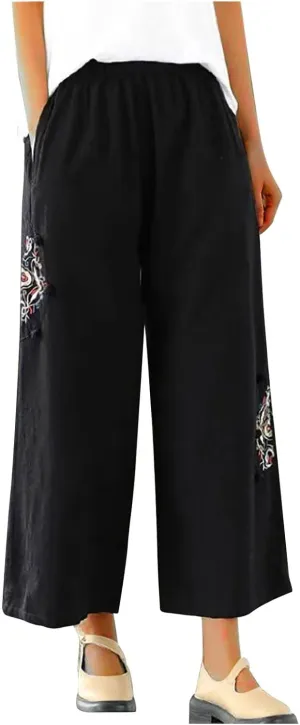 Plus Size Women Capris Pants Loose Summer Casual Cotton Linen Embroidery Vintage Wide Leg Cropped Trousers with Pockets