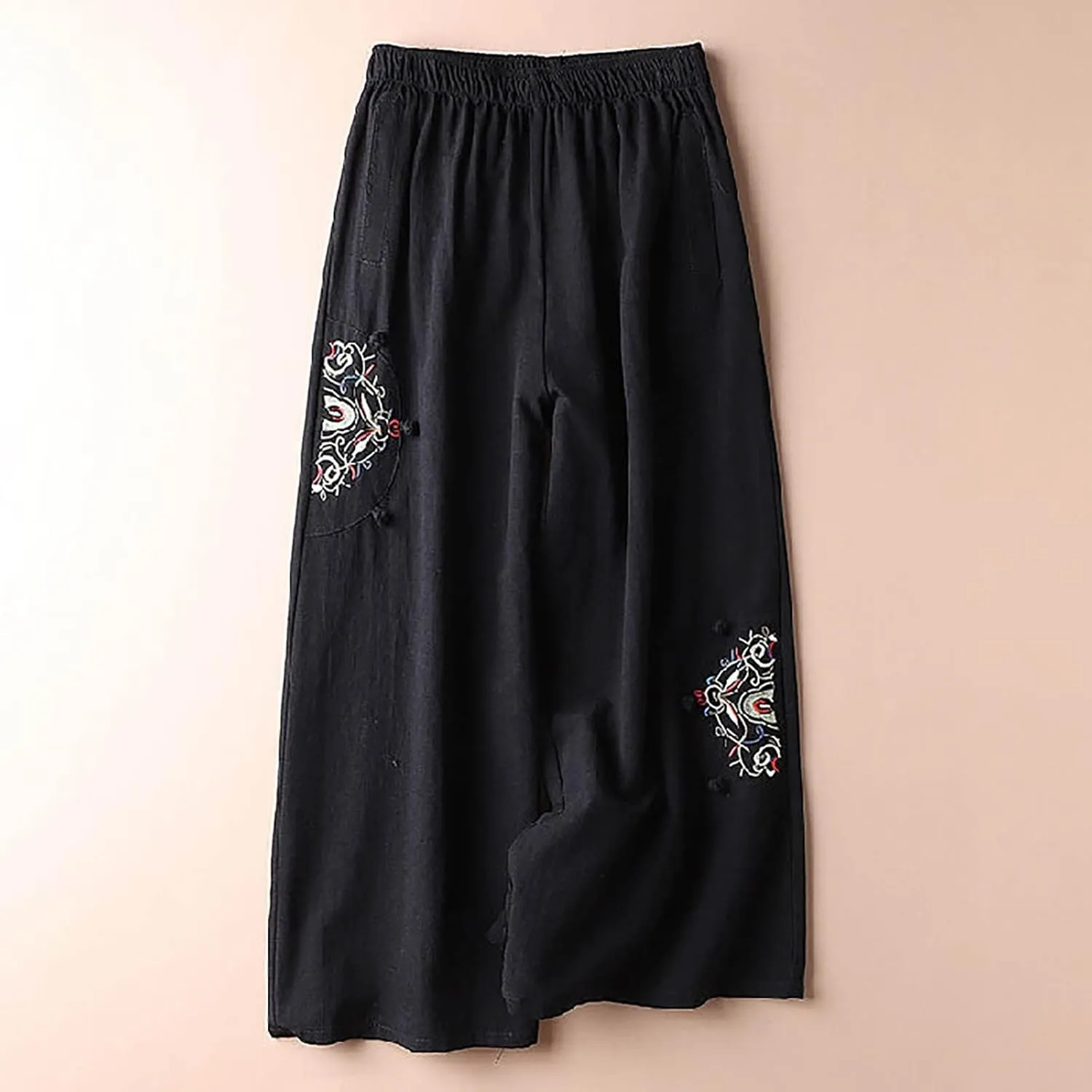 Plus Size Women Capris Pants Loose Summer Casual Cotton Linen Embroidery Vintage Wide Leg Cropped Trousers with Pockets