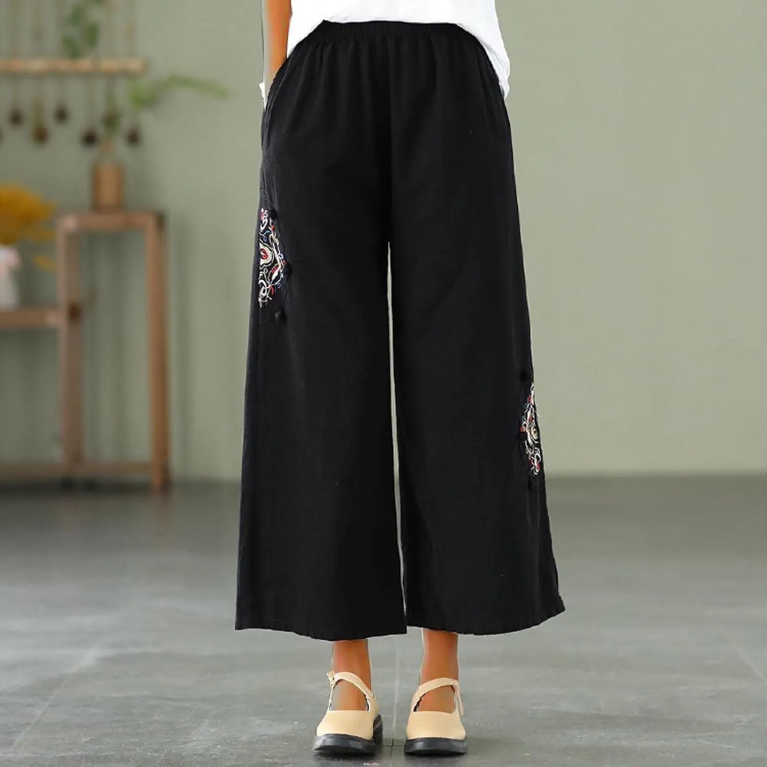 Plus Size Women Capris Pants Loose Summer Casual Cotton Linen Embroidery Vintage Wide Leg Cropped Trousers with Pockets
