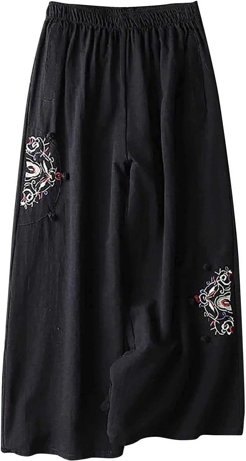 Plus Size Women Capris Pants Loose Summer Casual Cotton Linen Embroidery Vintage Wide Leg Cropped Trousers with Pockets
