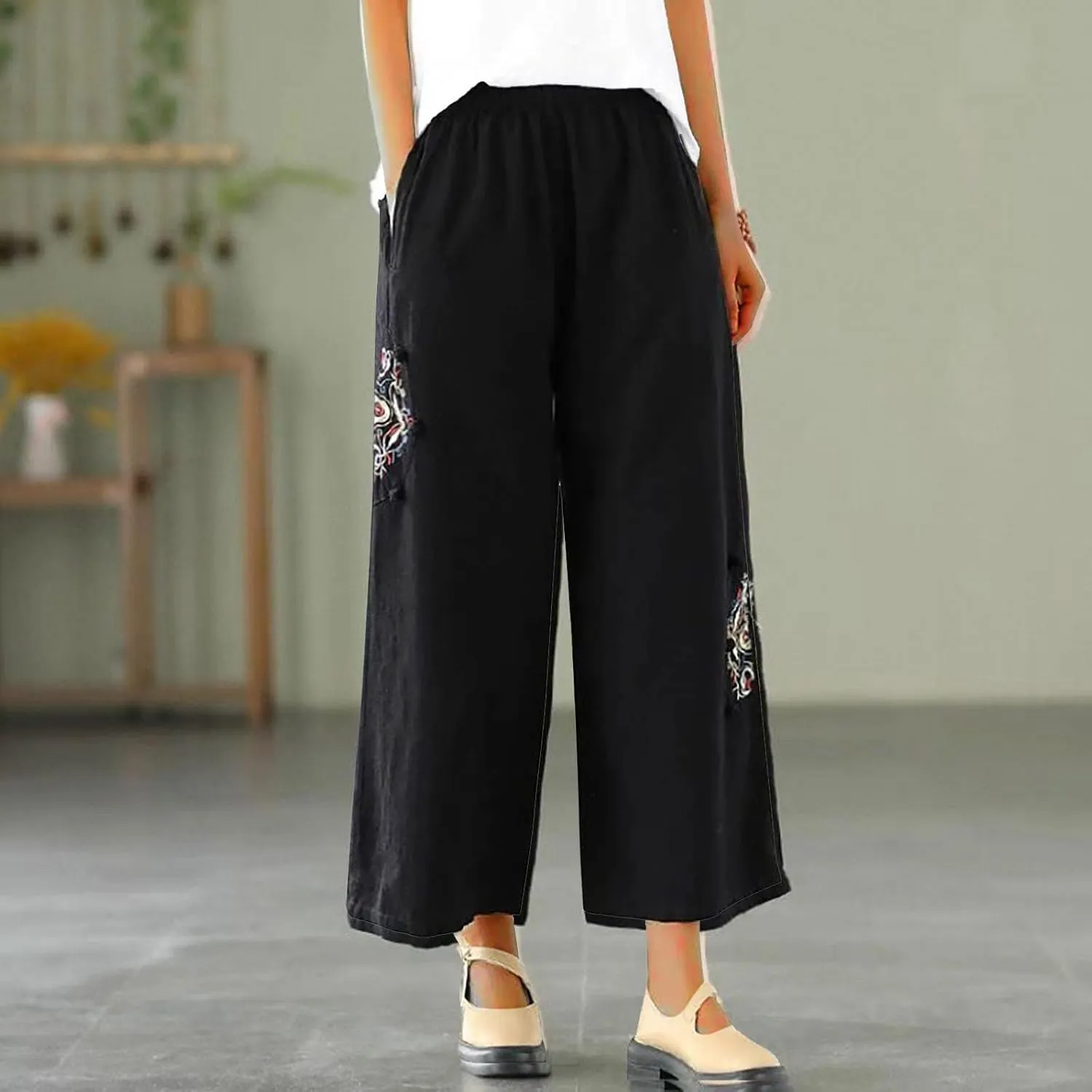 Plus Size Women Capris Pants Loose Summer Casual Cotton Linen Embroidery Vintage Wide Leg Cropped Trousers with Pockets