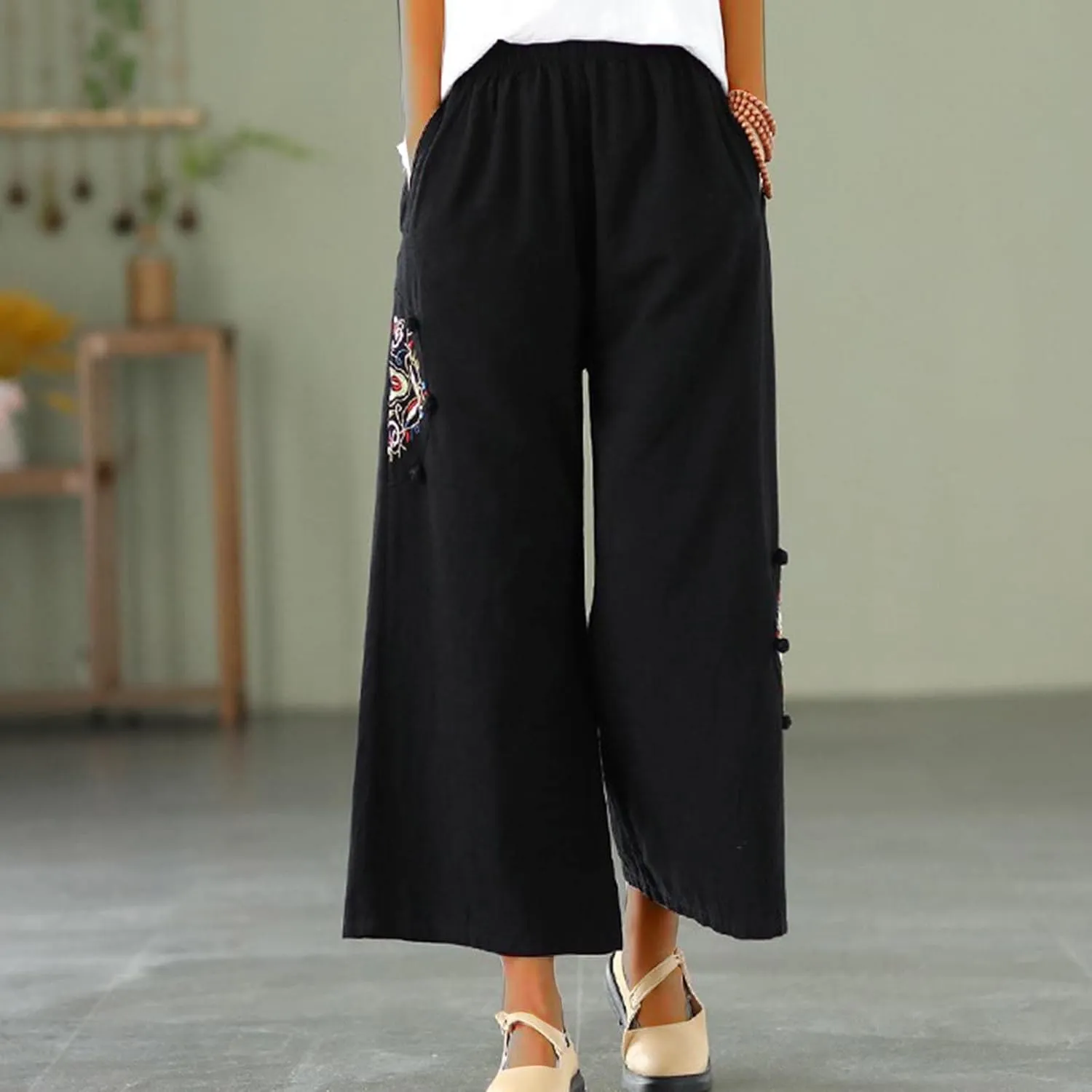 Plus Size Women Capris Pants Loose Summer Casual Cotton Linen Embroidery Vintage Wide Leg Cropped Trousers with Pockets