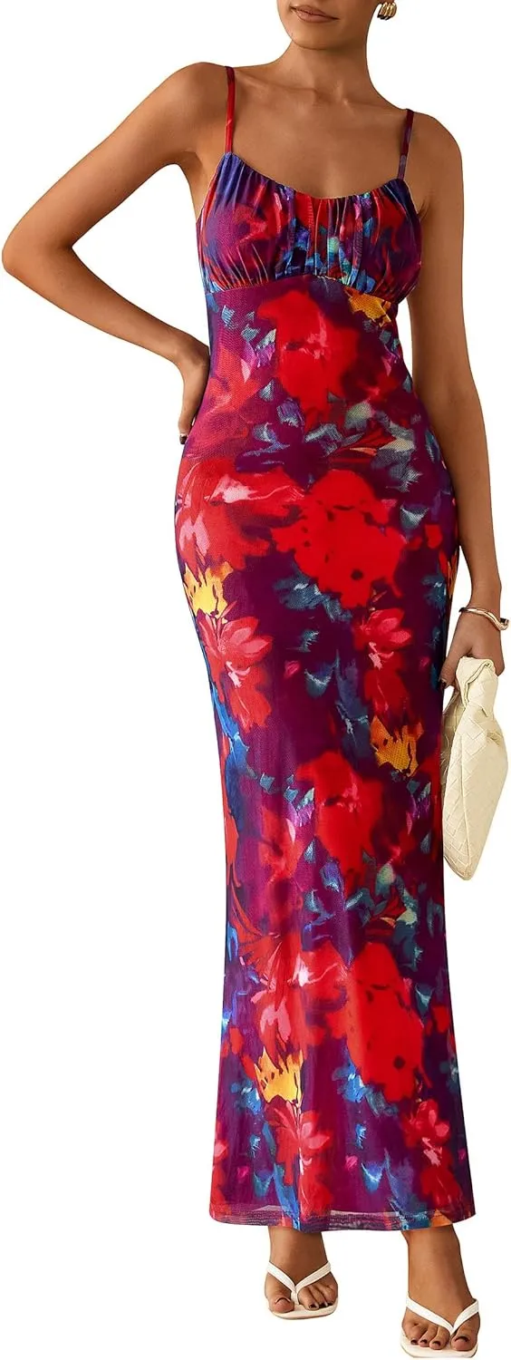 PRETTYGARDEN Women's Bodycon Maxi Dress 2025 Summer Floral Sundress Sleeveless Spaghetti Strap Cocktail Party Dress