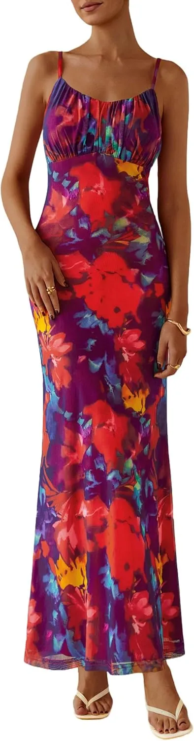 PRETTYGARDEN Women's Bodycon Maxi Dress 2025 Summer Floral Sundress Sleeveless Spaghetti Strap Cocktail Party Dress