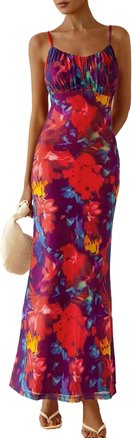 PRETTYGARDEN Women's Bodycon Maxi Dress 2025 Summer Floral Sundress Sleeveless Spaghetti Strap Cocktail Party Dress