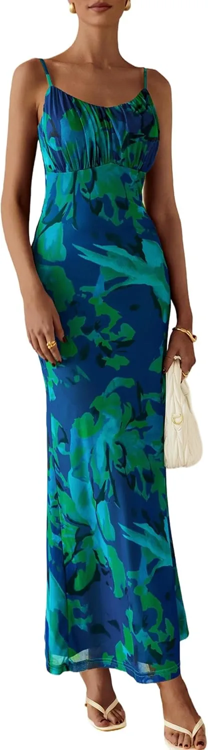 PRETTYGARDEN Women's Bodycon Maxi Dress 2025 Summer Floral Sundress Sleeveless Spaghetti Strap Cocktail Party Dress