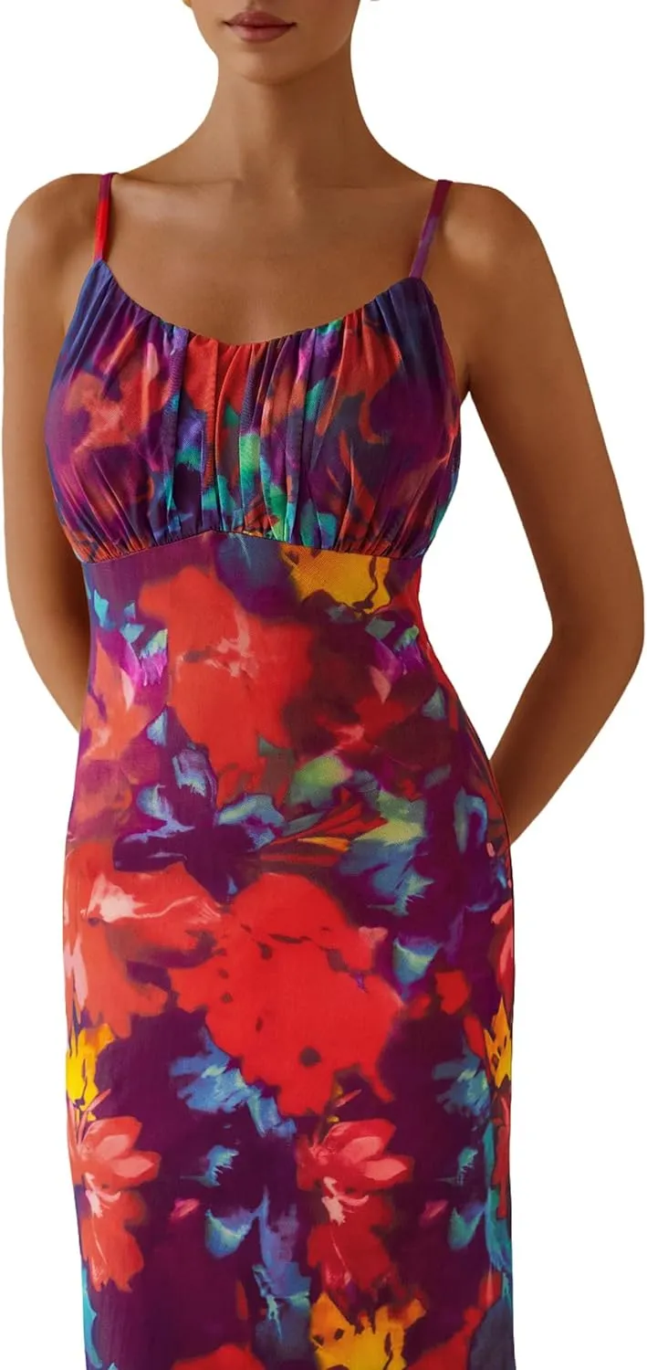 PRETTYGARDEN Women's Bodycon Maxi Dress 2025 Summer Floral Sundress Sleeveless Spaghetti Strap Cocktail Party Dress