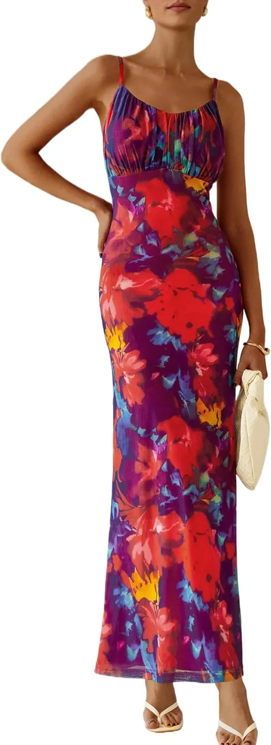 PRETTYGARDEN Women's Bodycon Maxi Dress 2025 Summer Floral Sundress Sleeveless Spaghetti Strap Cocktail Party Dress