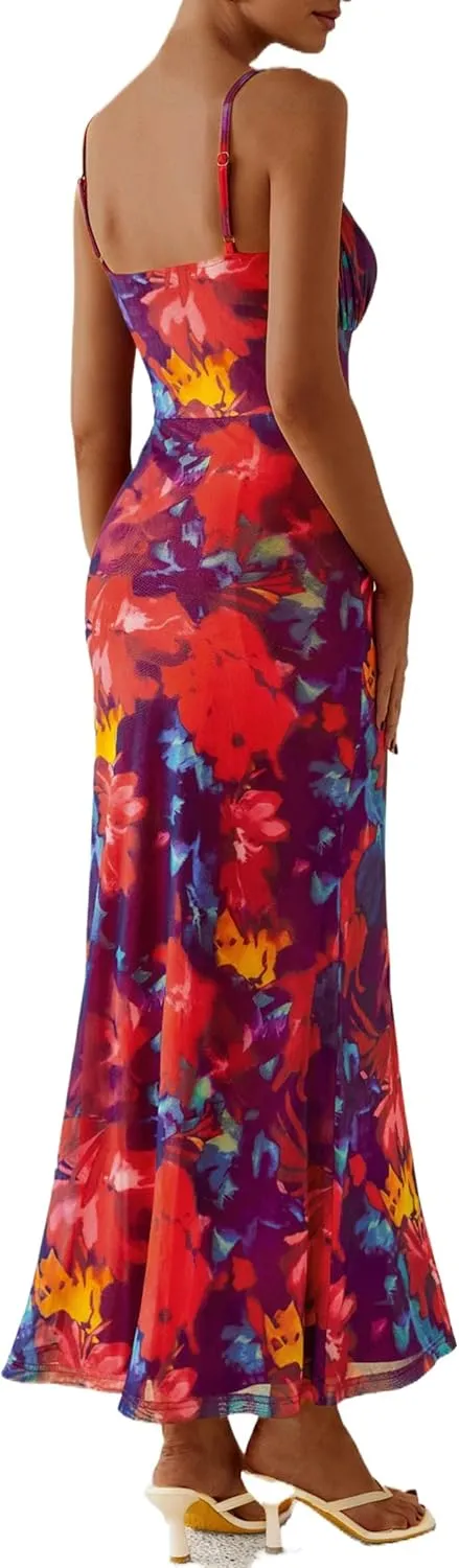PRETTYGARDEN Women's Bodycon Maxi Dress 2025 Summer Floral Sundress Sleeveless Spaghetti Strap Cocktail Party Dress