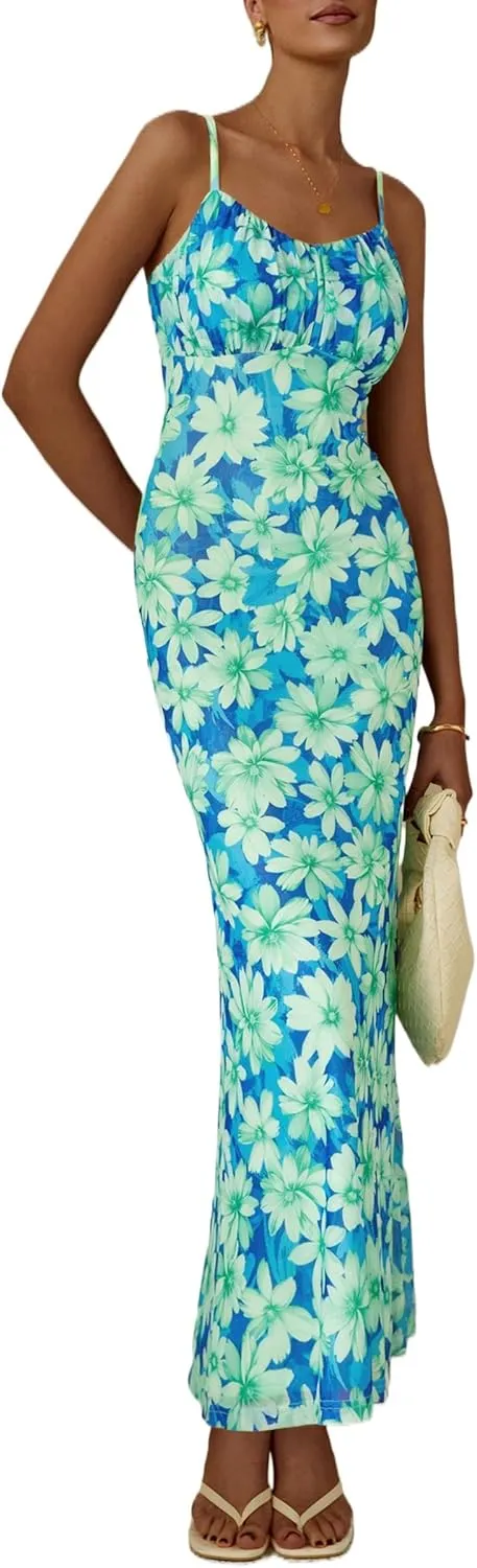 PRETTYGARDEN Women's Bodycon Maxi Dress 2025 Summer Floral Sundress Sleeveless Spaghetti Strap Cocktail Party Dress