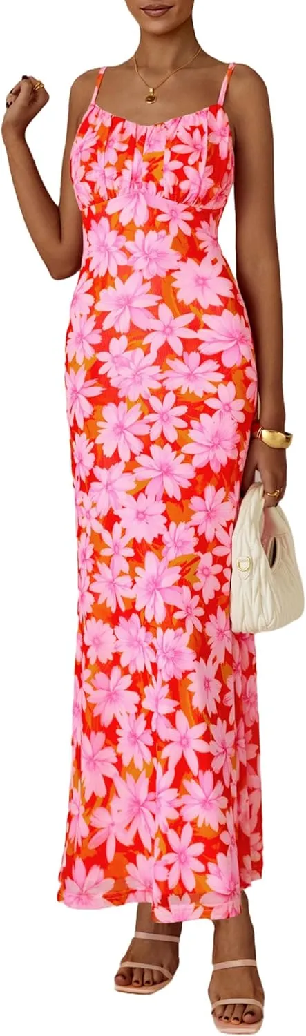PRETTYGARDEN Women's Bodycon Maxi Dress 2025 Summer Floral Sundress Sleeveless Spaghetti Strap Cocktail Party Dress