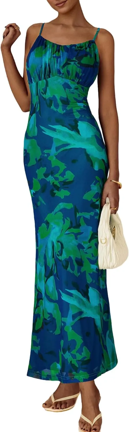 PRETTYGARDEN Women's Bodycon Maxi Dress 2025 Summer Floral Sundress Sleeveless Spaghetti Strap Cocktail Party Dress