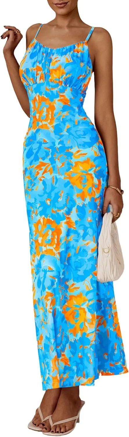 PRETTYGARDEN Women's Bodycon Maxi Dress 2025 Summer Floral Sundress Sleeveless Spaghetti Strap Cocktail Party Dress